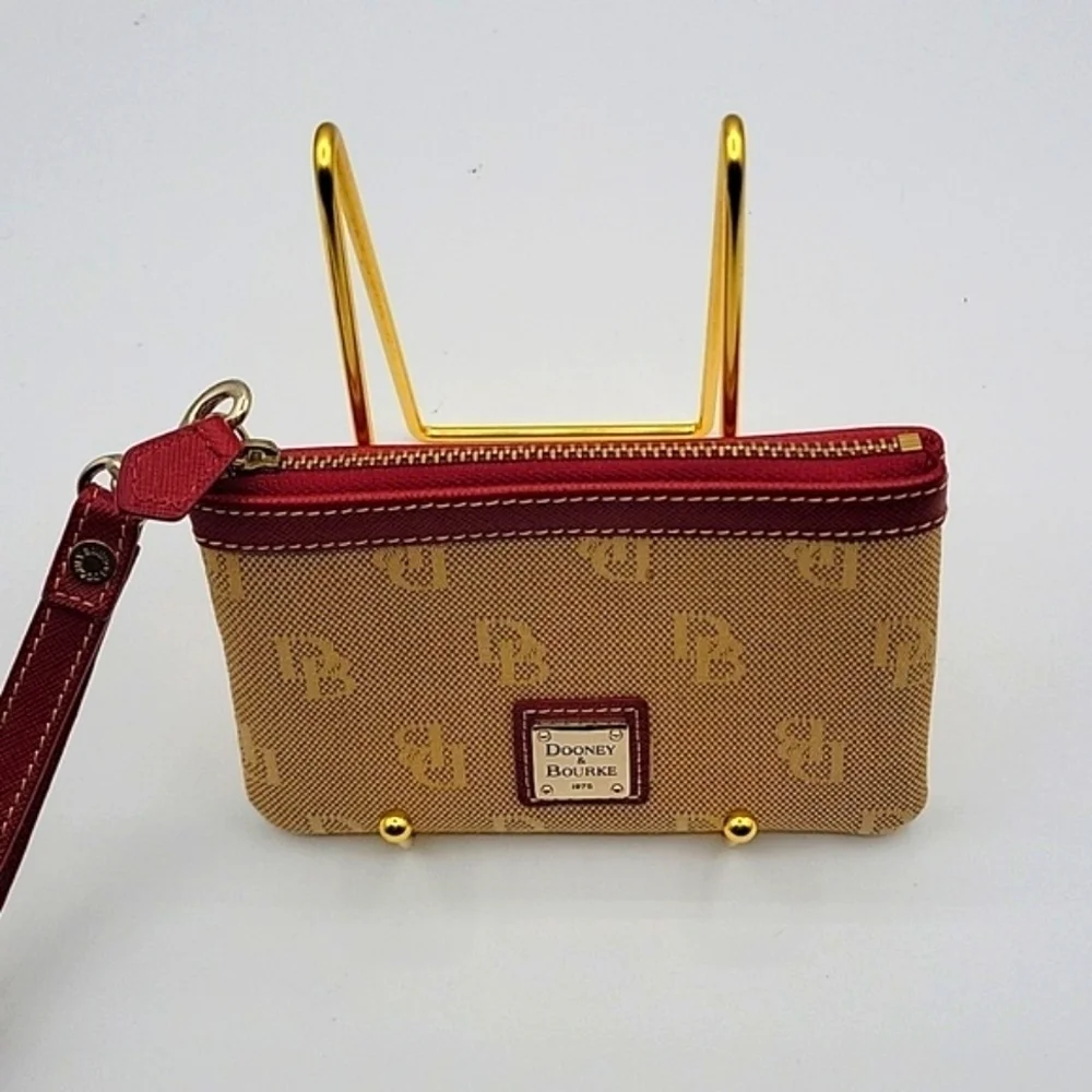 DOONEY & BOURKE Wristlet Tan Canvas DB Logo Red Leather Key Chain inside